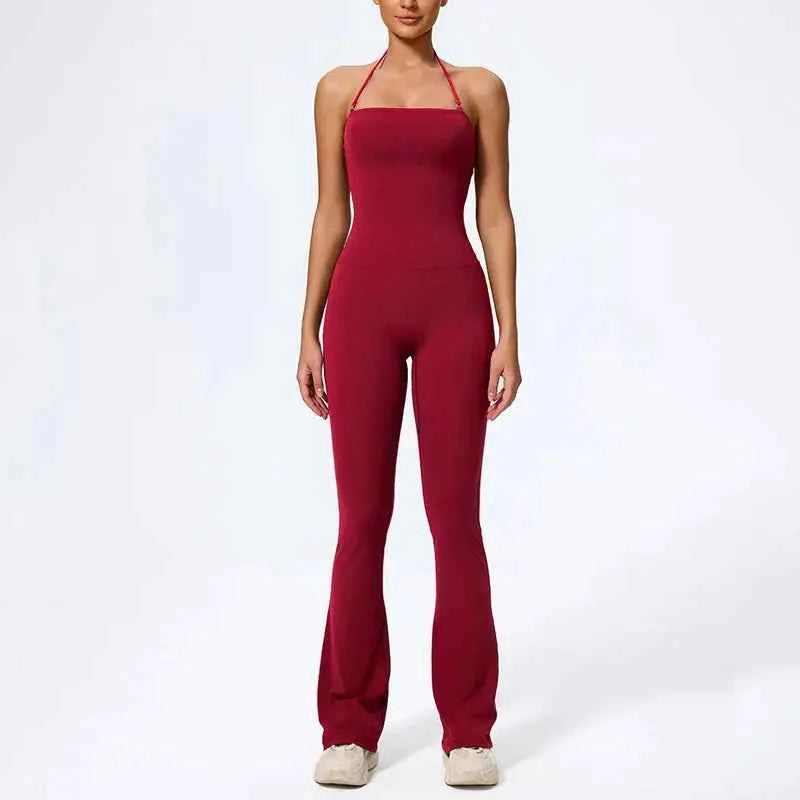 NewFall/hiver femmes sans manches Yoga combinaison femme gymnastique évasé salopette cou-pendu dos nu vêtements de Sport tenue de Sport pour femme